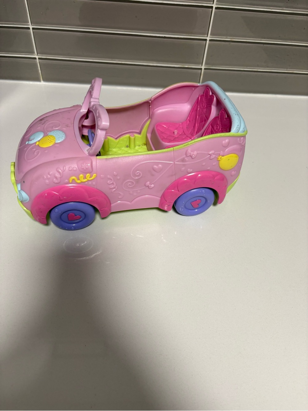 Pink Convertible Toy Car for Kids with Purple Wheel Accents